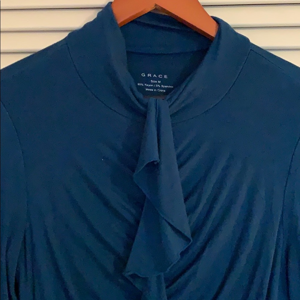 Cute topaz blue ruffled rayon spandex blouse